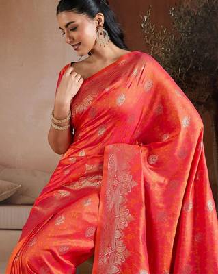 Red woven design banarasi saree with unstitched blouse 5