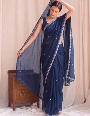 Navy blue embroidered tissue designer saree 1