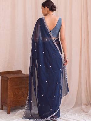 Navy blue embroidered tissue designer saree 2