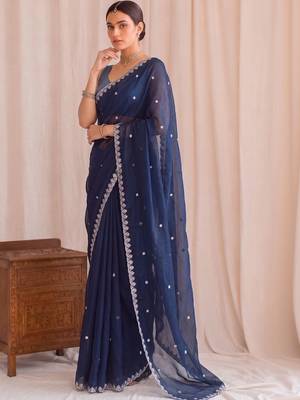 Navy blue embroidered tissue designer saree 3