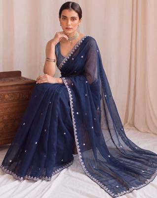 Navy blue embroidered tissue designer saree 4