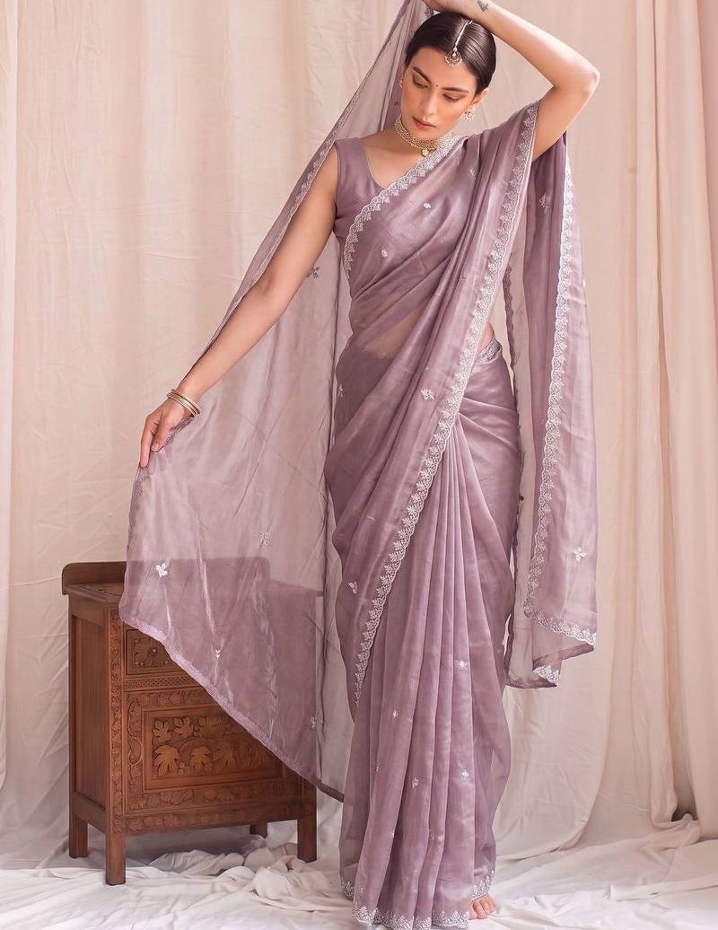 Lavender embroidered tissue designer saree