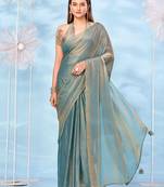 Teal satin ready to wear saree with unstitched blouse