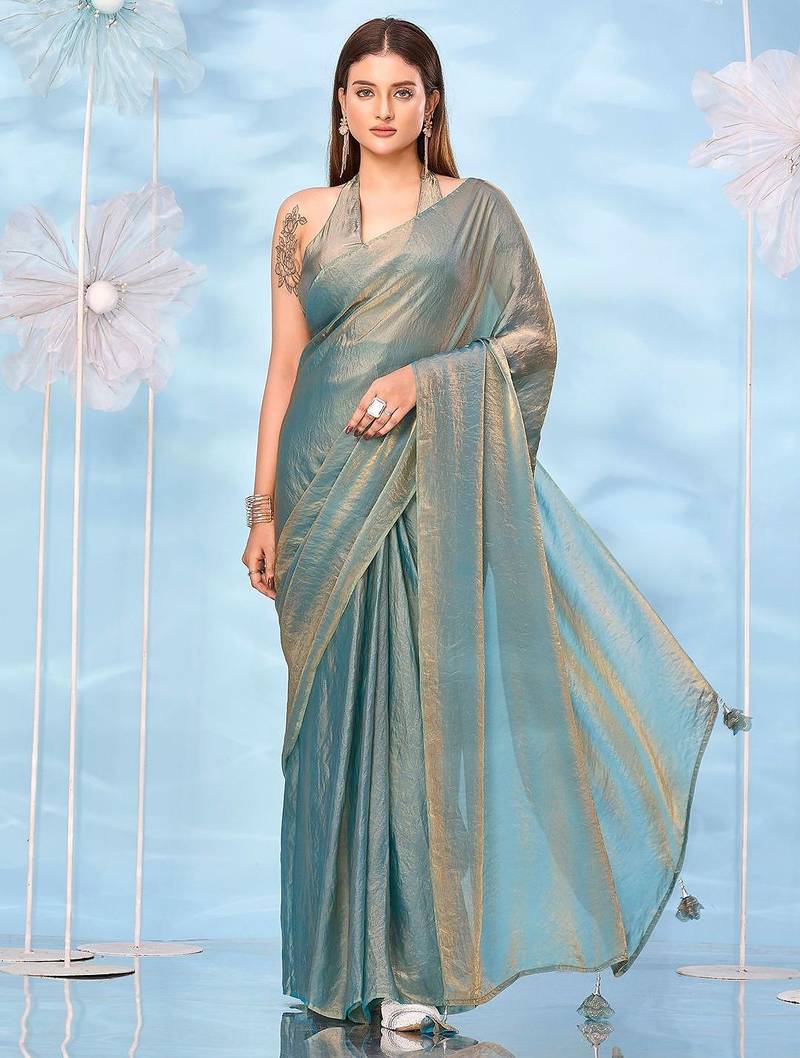 Teal satin ready to wear saree with unstitched blouse