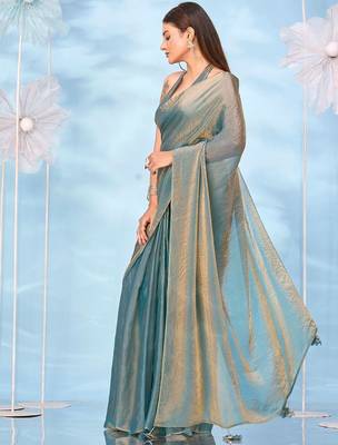 Teal satin ready to wear saree with unstitched blouse 2
