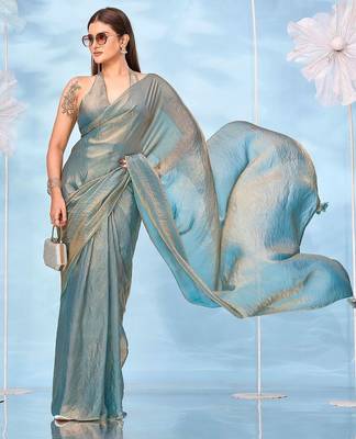 Teal satin ready to wear saree with unstitched blouse 4