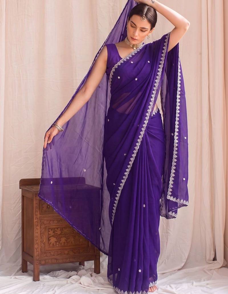 Purple embroidered tissue designer saree