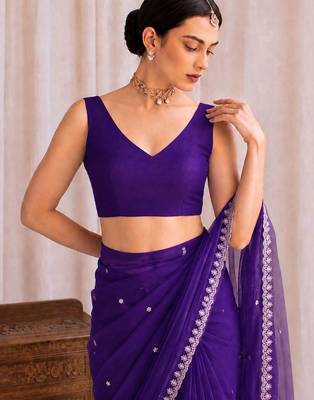 Purple embroidered tissue designer saree 5
