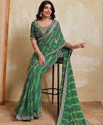Green bandhani printed saree with unstitched blouse 1