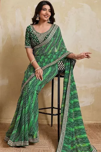 Green bandhani printed saree with unstitched blouse