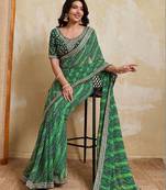 Green bandhani printed saree with unstitched blouse