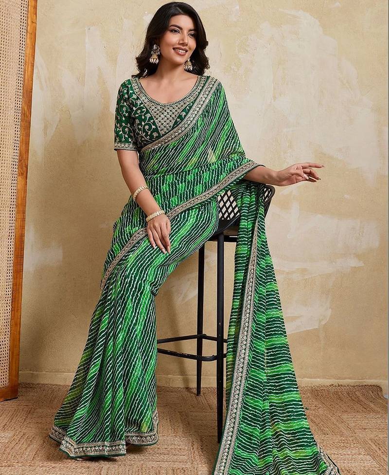 Green bandhani printed saree with unstitched blouse