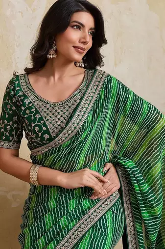 Green bandhani printed saree with unstitched blouse