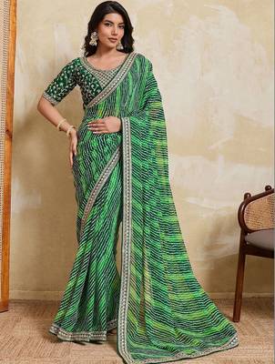 Green bandhani printed saree with unstitched blouse 3
