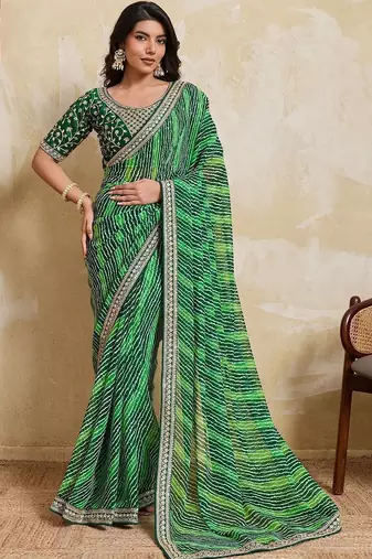 Green bandhani printed saree with unstitched blouse