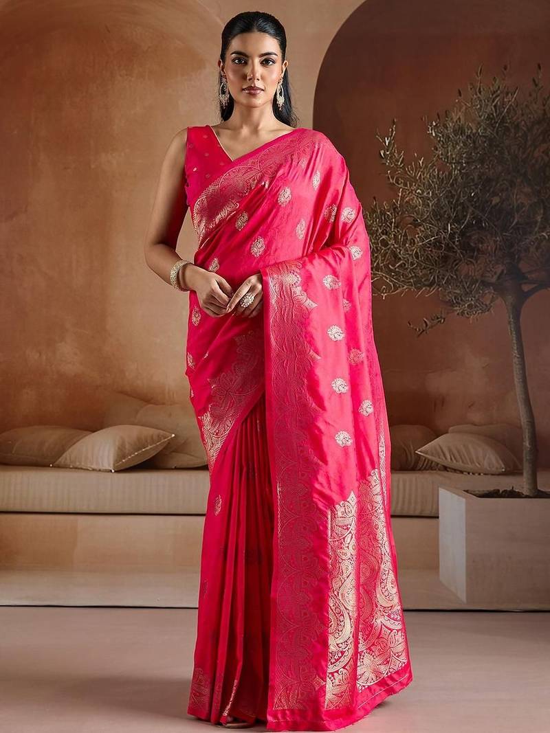 Pink ethnic motifs woven design zari banarasi saree