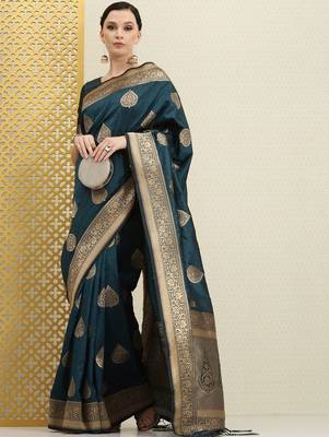 Teal teal & gold-toned ethnic motifs zari silk blend banarasi saree 1