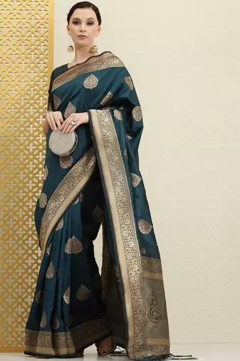 Teal teal & gold-toned ethnic motifs zari silk blend banarasi saree