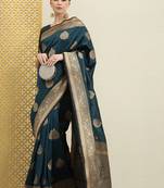 Teal teal & gold-toned ethnic motifs zari silk blend banarasi saree