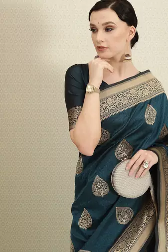 Teal teal & gold-toned ethnic motifs zari silk blend banarasi saree