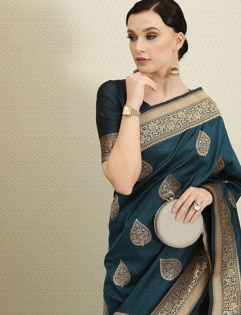 Teal teal & gold-toned ethnic motifs zari silk blend banarasi saree