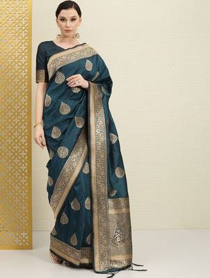 Teal teal & gold-toned ethnic motifs zari silk blend banarasi saree 3