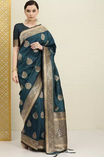 Teal teal & gold-toned ethnic motifs zari silk blend banarasi saree