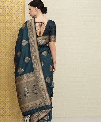Teal teal & gold-toned ethnic motifs zari silk blend banarasi saree 4