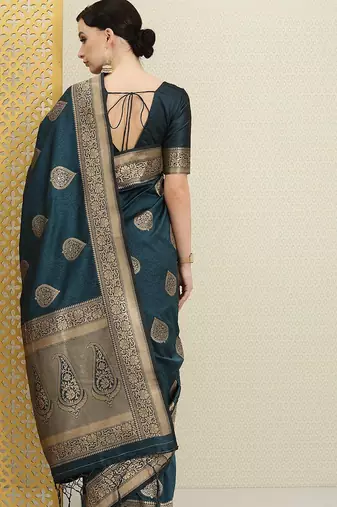 Teal teal & gold-toned ethnic motifs zari silk blend banarasi saree