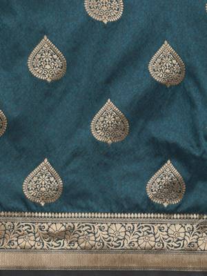 Teal teal & gold-toned ethnic motifs zari silk blend banarasi saree 5