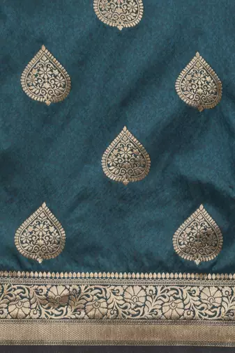 Teal teal & gold-toned ethnic motifs zari silk blend banarasi saree