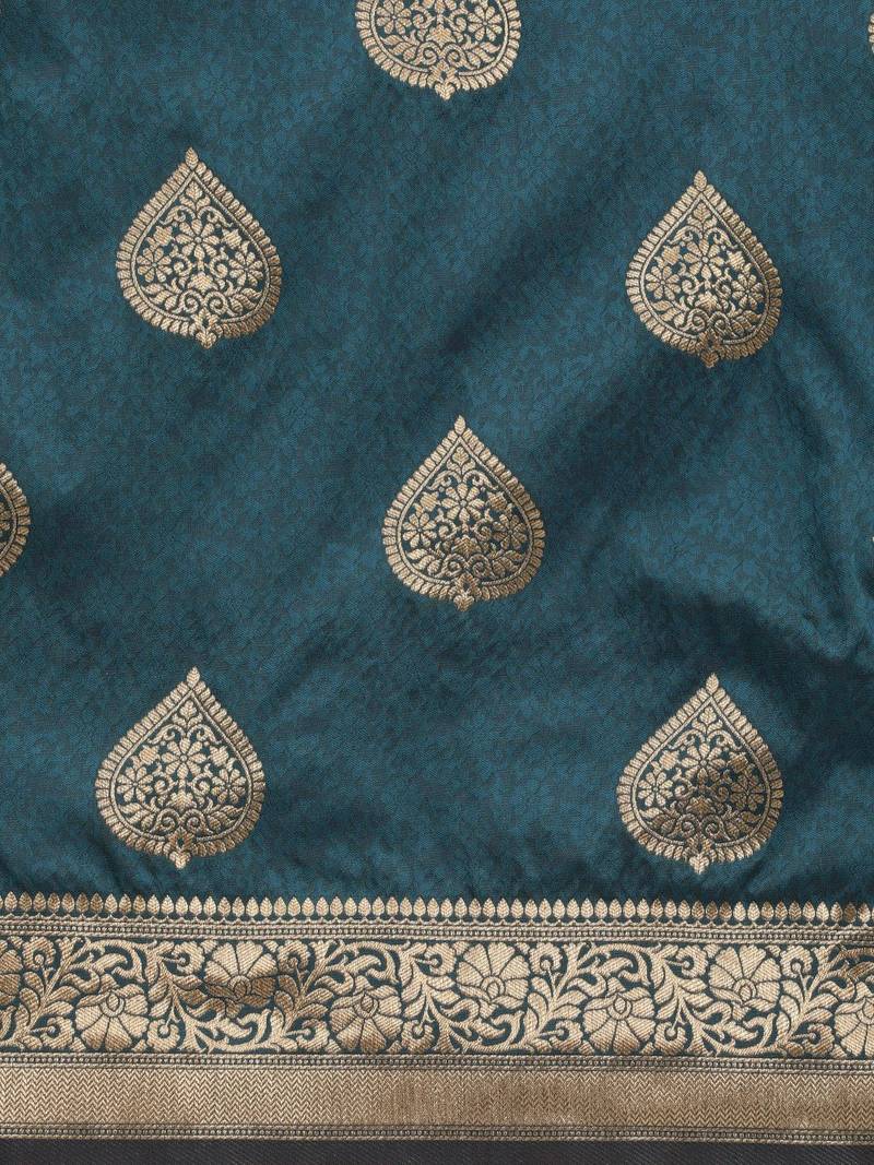 Teal teal & gold-toned ethnic motifs zari silk blend banarasi saree
