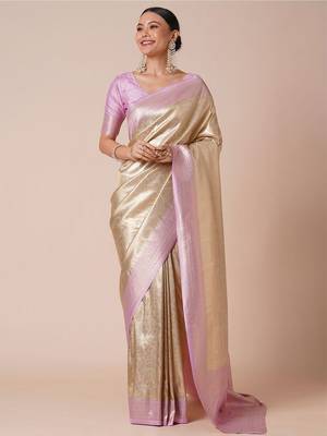 Cream woven design kanjeevaram saree with blouse piece 1