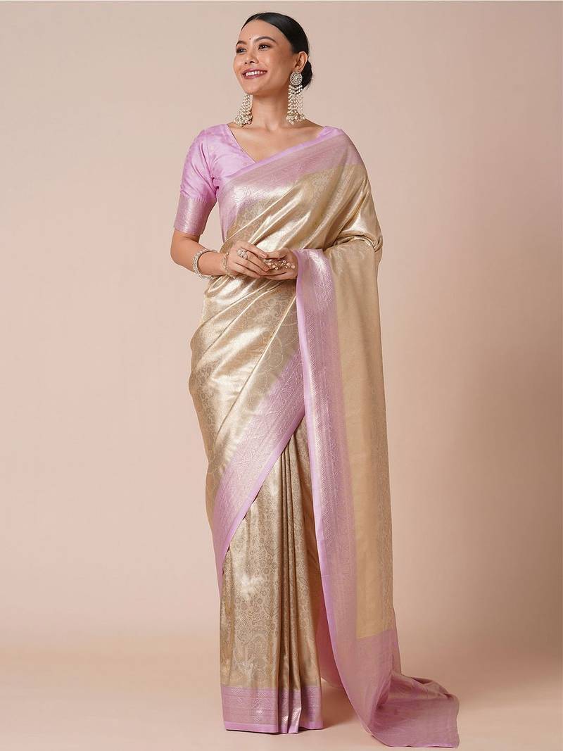 Cream woven design kanjeevaram saree with blouse piece