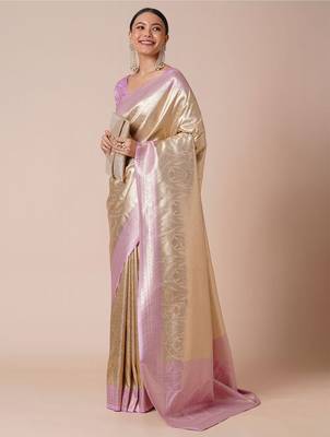 Cream woven design kanjeevaram saree with blouse piece 2