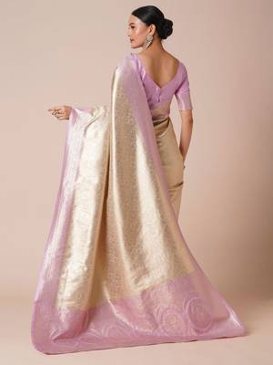 Cream woven design kanjeevaram saree with blouse piece 3