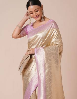 Cream woven design kanjeevaram saree with blouse piece 4