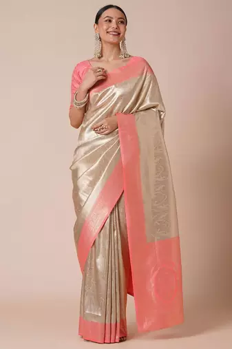 Cream paisley woven design kanjeevaram silk saree