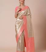 Cream paisley woven design kanjeevaram silk saree