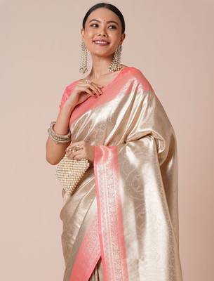 Cream paisley woven design kanjeevaram silk saree 4