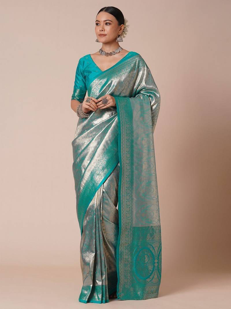 Blue paisley woven kanjeevaram silk design saree