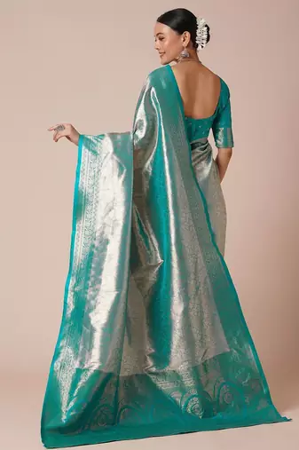 Blue paisley woven kanjeevaram silk design saree