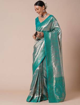Blue paisley woven kanjeevaram silk design saree 3