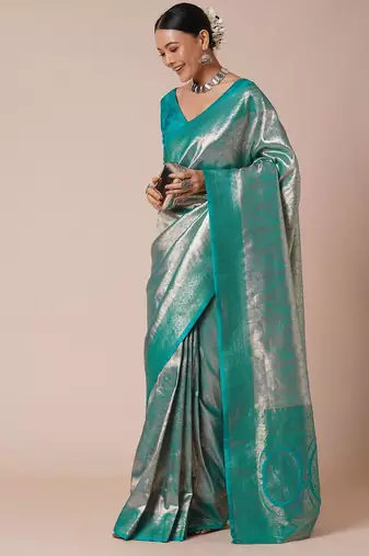 Blue paisley woven kanjeevaram silk design saree