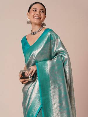 Blue paisley woven kanjeevaram silk design saree 4