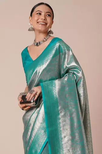 Blue paisley woven kanjeevaram silk design saree