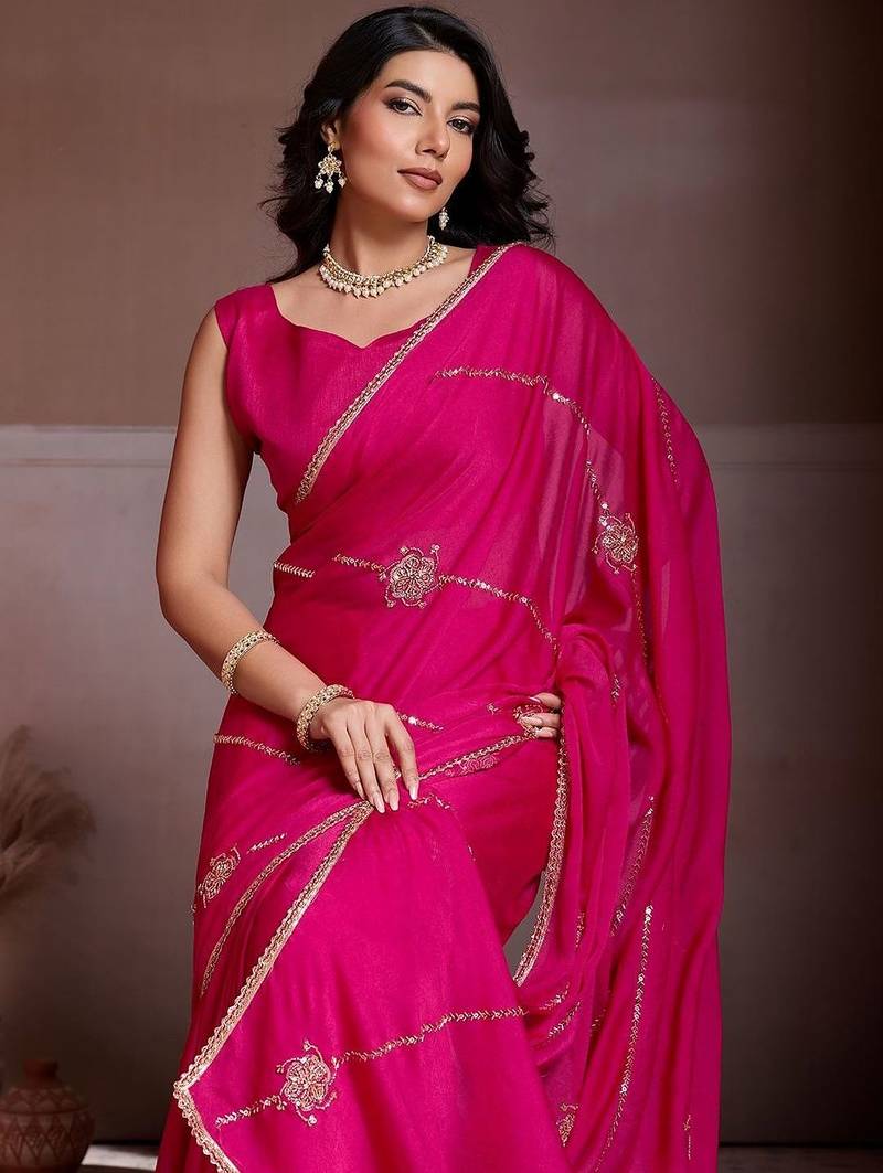 Pink embroidered saree with unstitched blouse