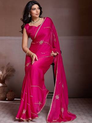 Pink embroidered saree with unstitched blouse 2