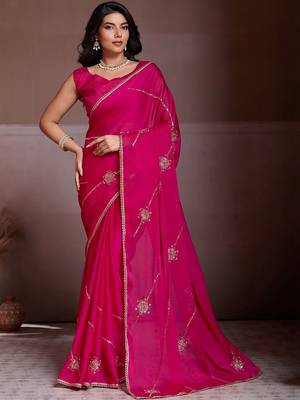 Pink embroidered saree with unstitched blouse 3