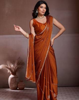 Rust embroidered saree with unstitched blouse 1